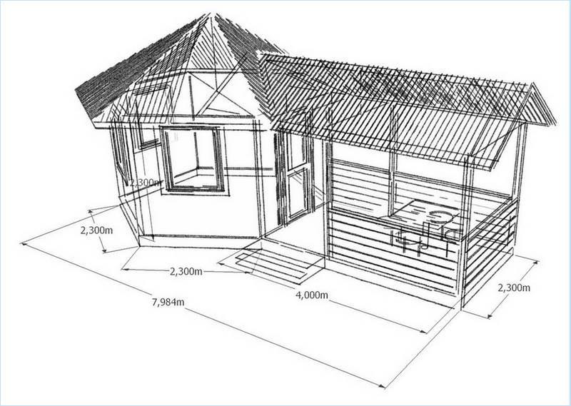Проект летней кухни с верандой являет собой небольшое здание с широкой террасой