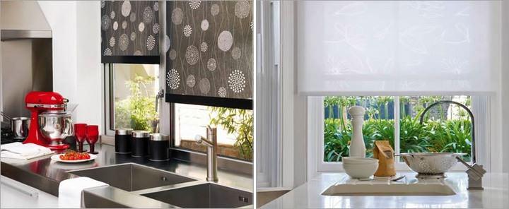 Рулонные шторы из практичных материалов – одно из лучших решений для кухни с рабочей зоной у окна