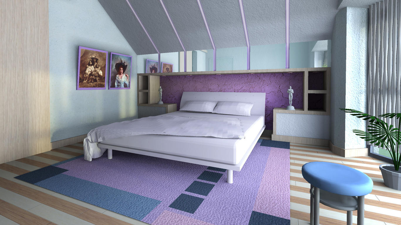 Спальня в фиолетовых тонах может сочетать в себе несколько ярких оттенков 