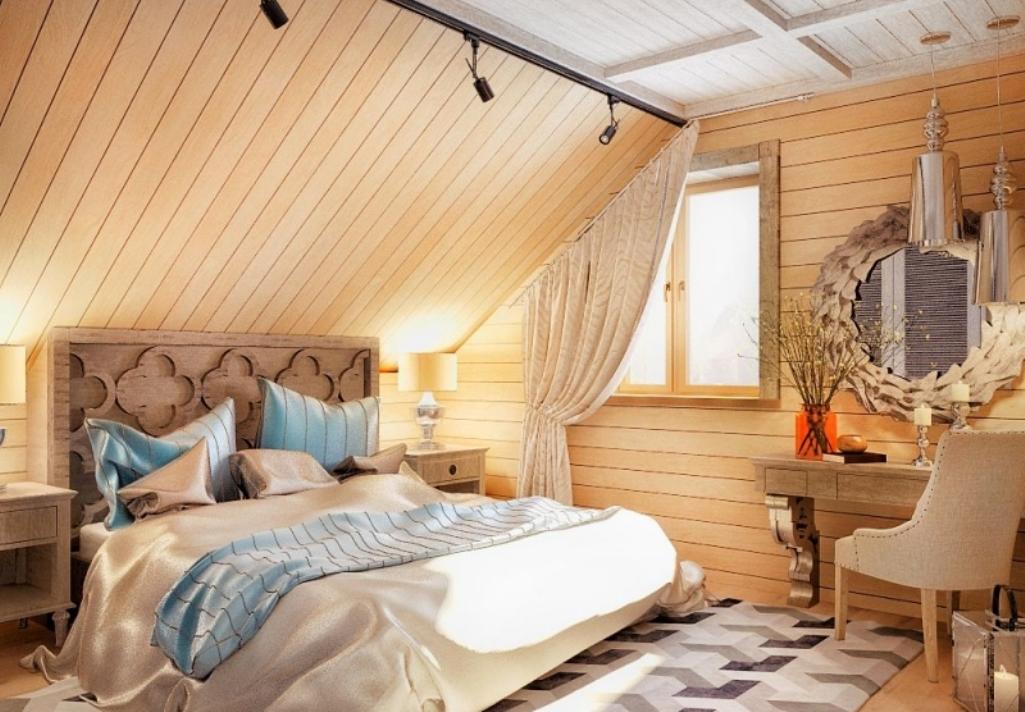 Мансардные спальни идеально подходят по стилистике для деревянных домов