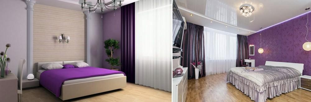 Серые обои с узором фиолетового цвета – хороший вариант для маленькой спальни, которую хочется визуально расширить