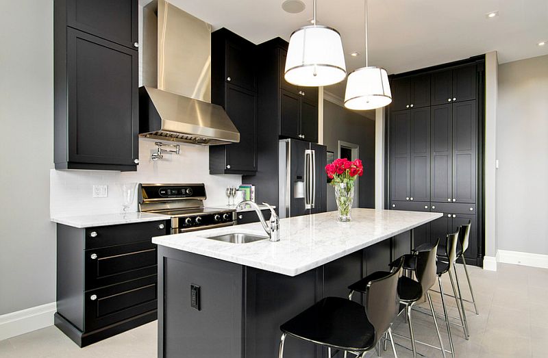 Замечательный дизайн интерьера кухни в чёрно-белой гамме