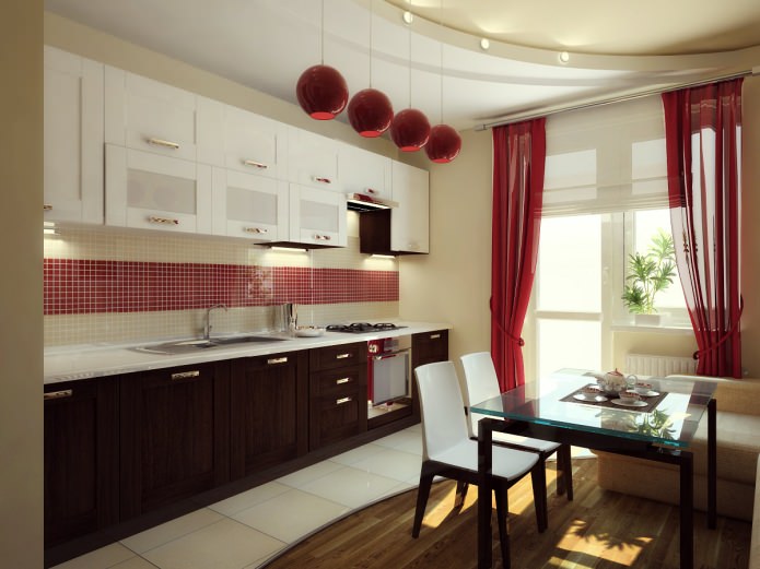 Потрясающий дизайн интерьера чёрно-белой кухни с красными акцентами