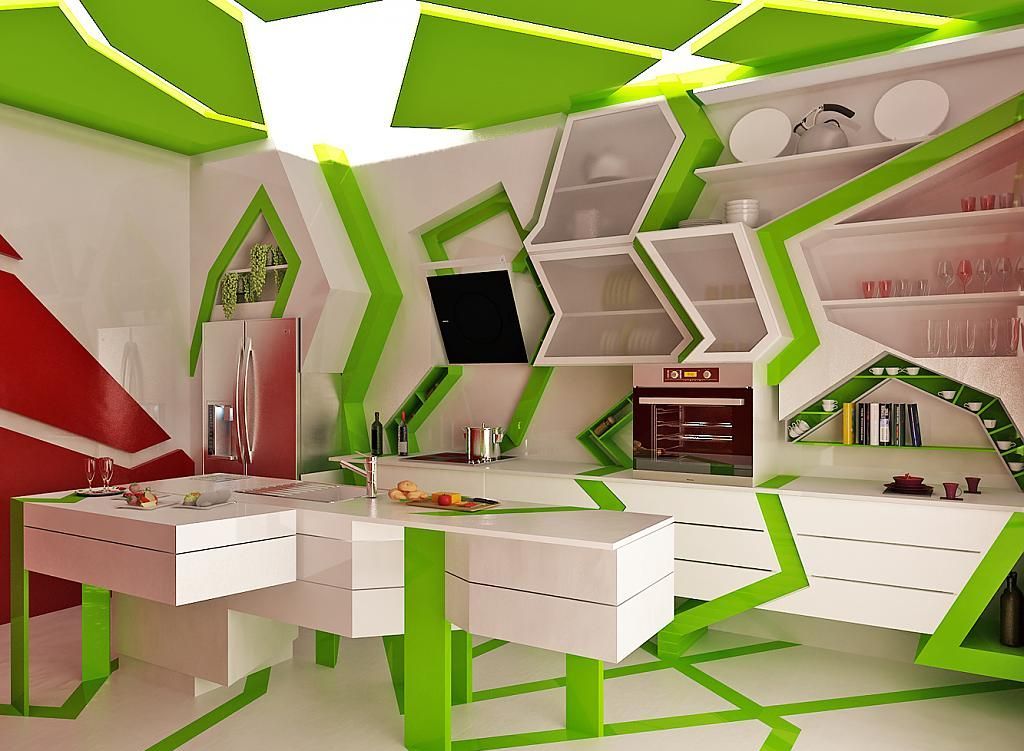 Стильный дизайн интерьера белой кухни с зелёными акцентами