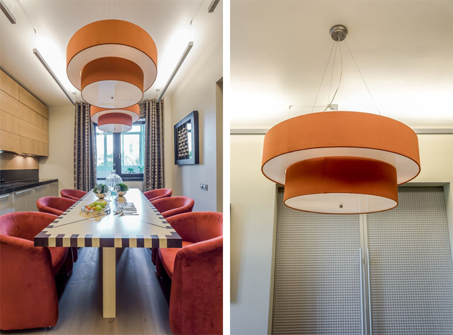 Фотоколлаж: креативные подвесные светильники с ярким оранжевым абажуром
