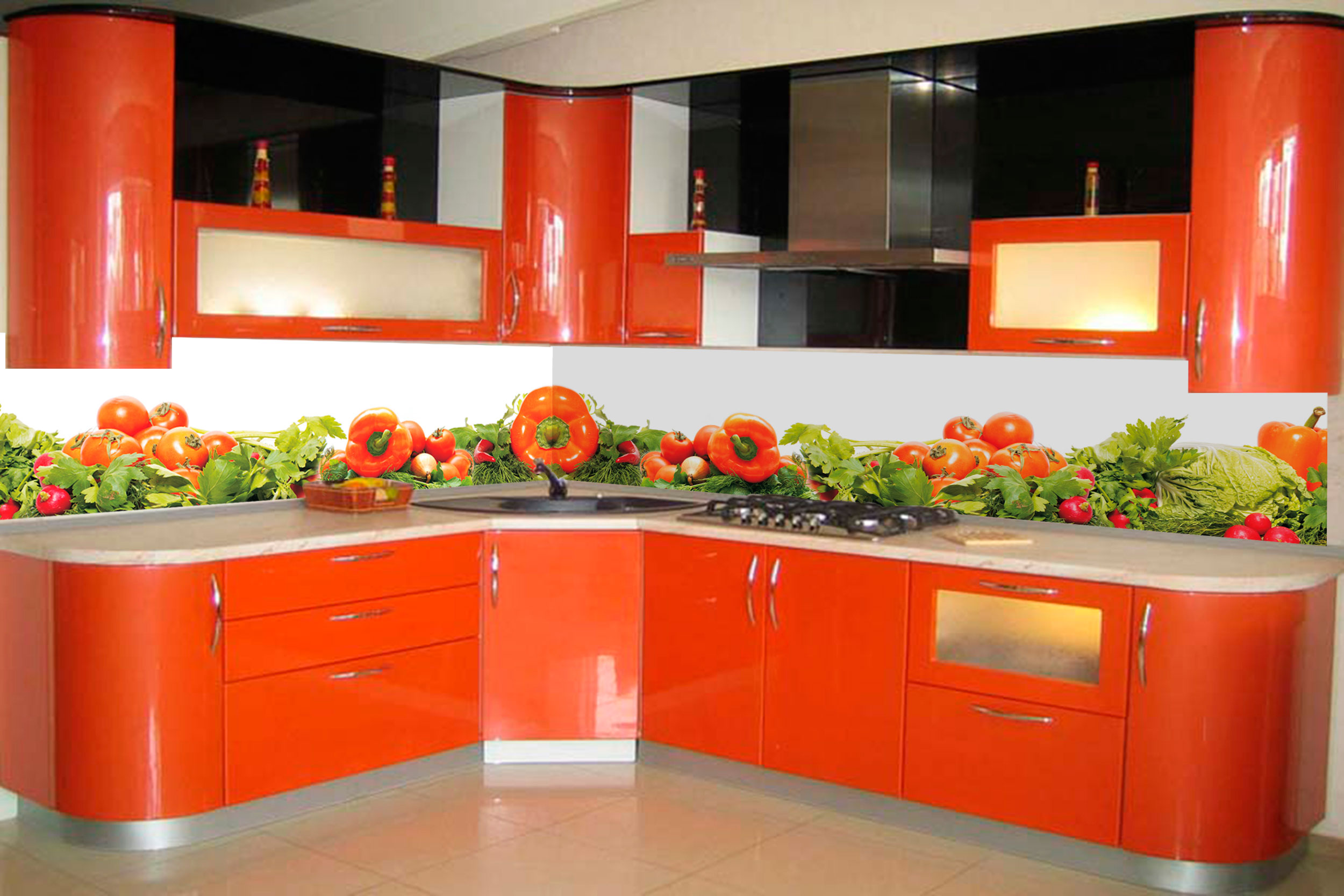 Эксклюзивный дизайн стеклянного кухонного фартука с фото-принтом овощей и зелени