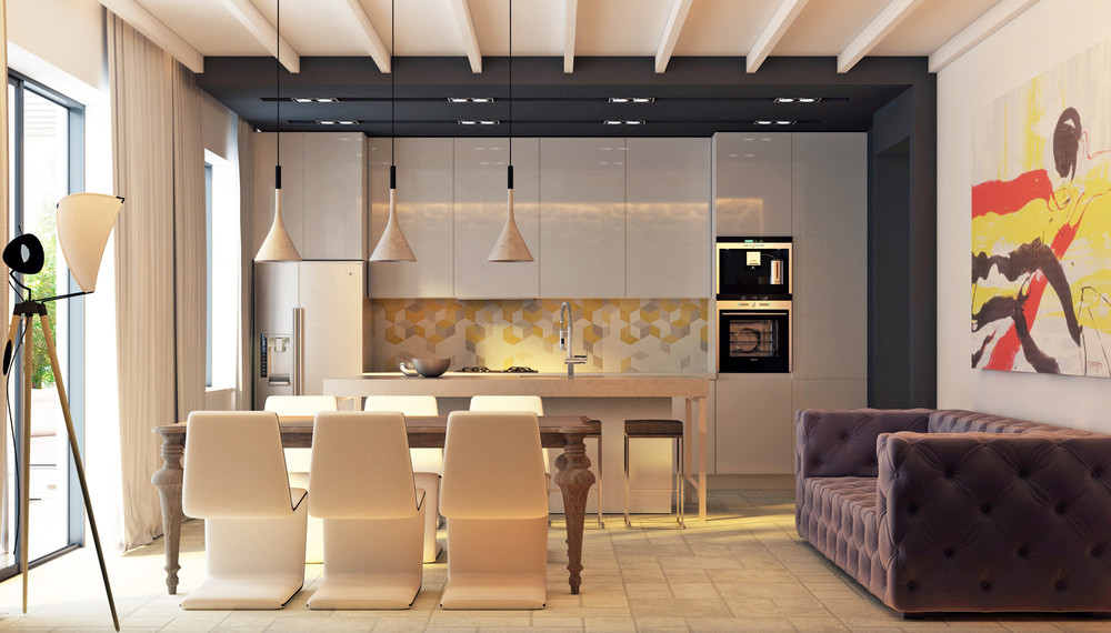 Яркий дизайн сиреневого дивана в интерьере функциональной кухни