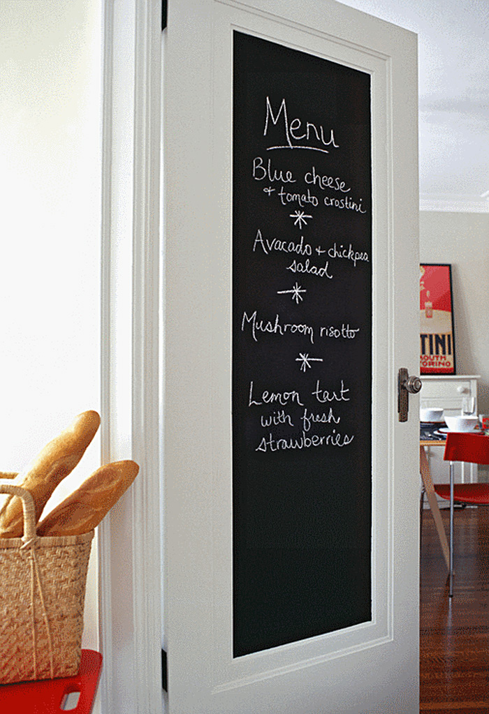 Чёрная грифельная доска для записей на входной двери кухни