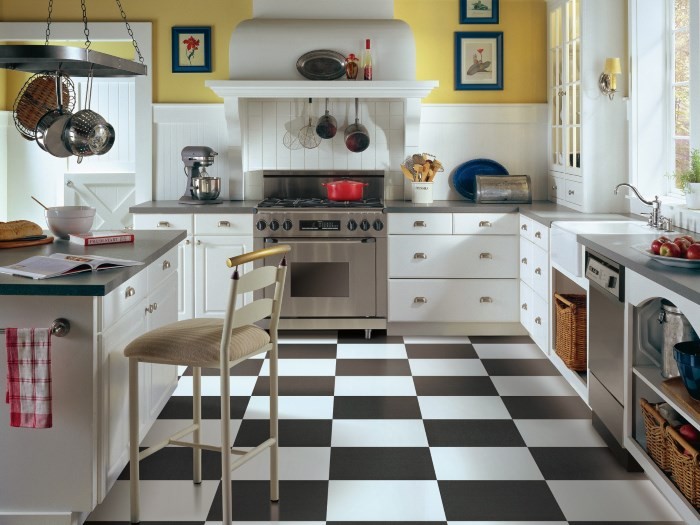 Пол на кухне, выложенный из черной и белой плитке в шахматном порядке