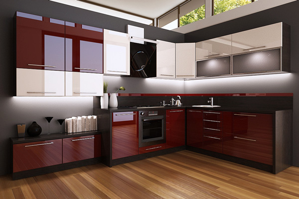 Сочетание бордового, белого и черного в дизайне кухни