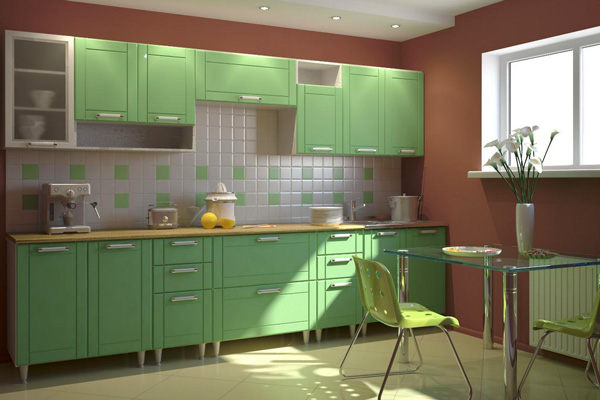 Прямая кухня зеленого цвета