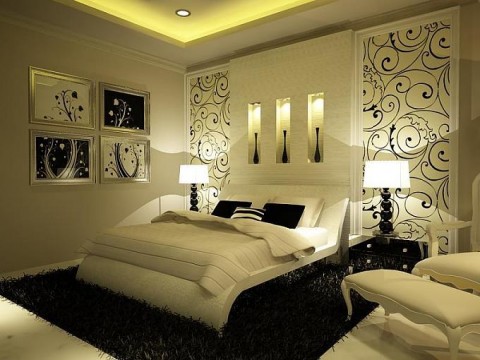 Дизайн спальни в темно-белых тонах фото