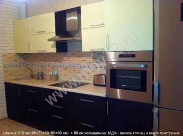 Кухня прямая. Размер 3600 мм с холодильником. МДФ - венге текстурный и ваниль глянец