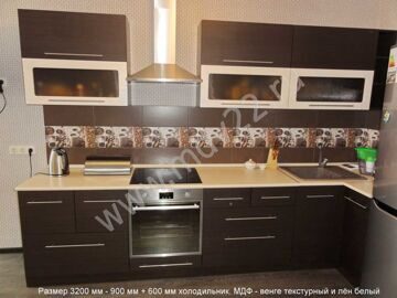 Кухня угловая. Размер 3200 мм - 900 мм + 600 мм холодильник. МДФ - венге текстурный и лён белый