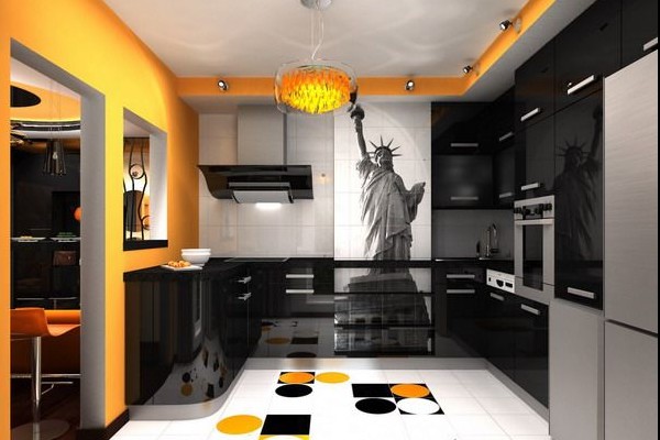 оранжевые стены на кухне, оранжевые обои на кухне