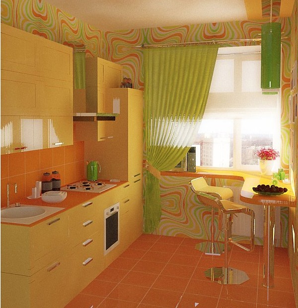 зеленые шторы для оранжевой кухни