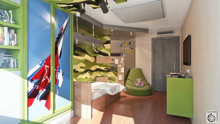 Детская комната для мальчика 10, 11, 12 лет в военном стиле.