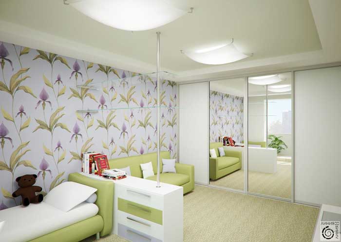 Евроремонт детской комнаты. Стены отделаны виниловыми обоями с цветами