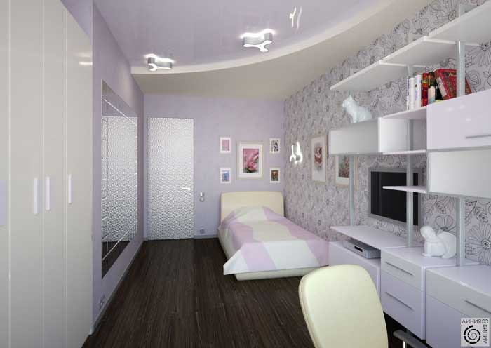 Дизайн проект детской комнаты для девочки. Фиолетовые оттенки. Комбинированные обои