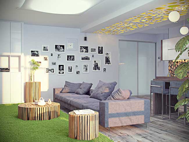 Интерьер гостиной совмещенной с кухней подвесной гипсокартонный потолок