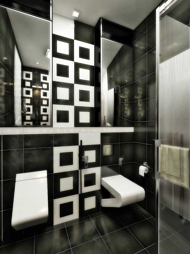 Интерьер ванной с черной и белой плиткой. Фото 5