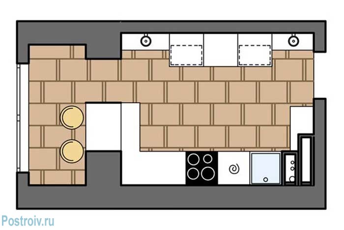 Вид планировки кухни, объединенной с балконом. Обеденная зона на балконе - Фото