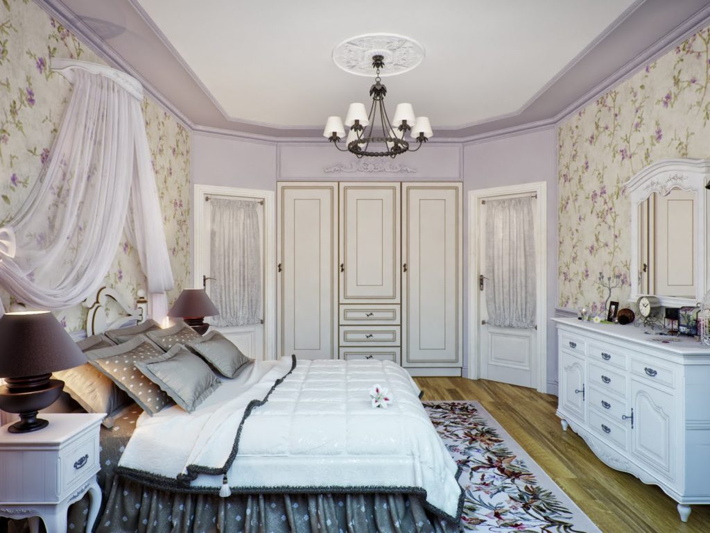 Обои и ковёр с цветочным принтом в спальне прованс