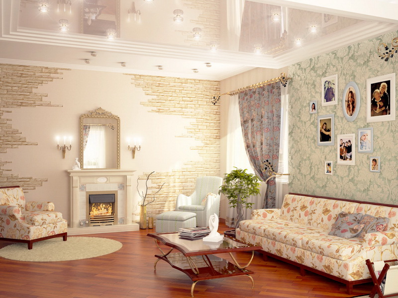 Обои, шторы и обивка мебели с цветочным принтом в интерьере гостиной в стиле прованс