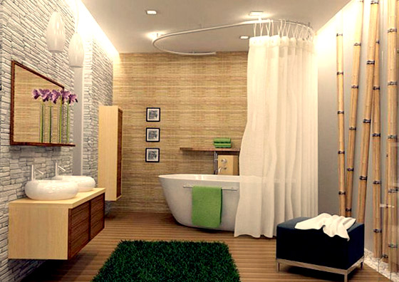Натуральный камень и бамбук в японском стиле для ванной комнаты