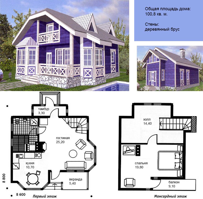 План дома из бруса с верандой и мансардным этажом