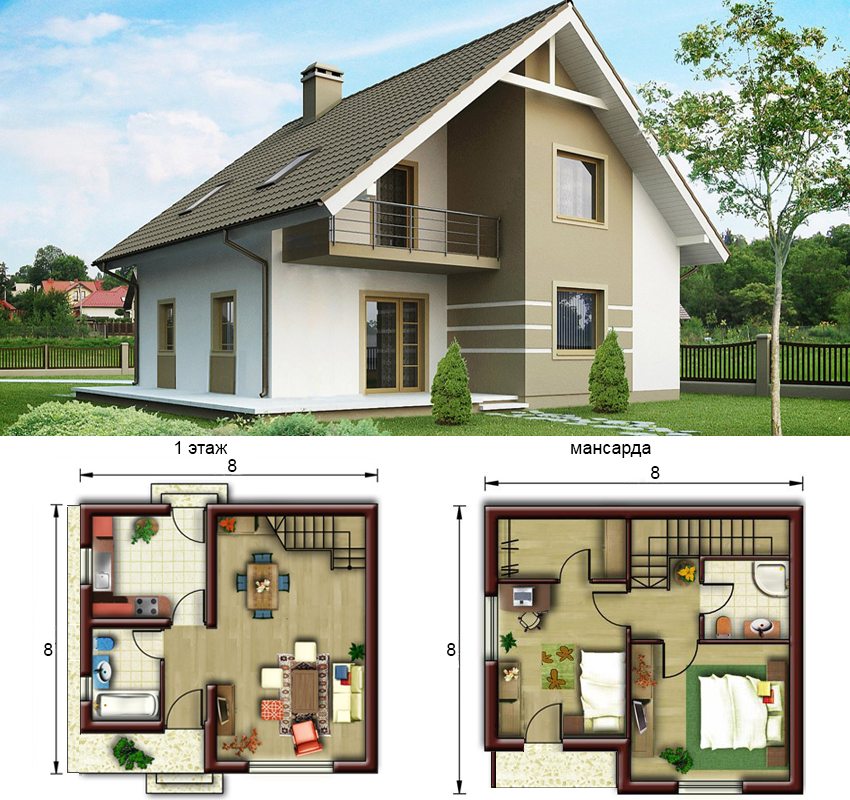 План одноэтажного дома с мансардой