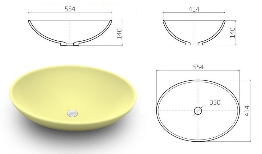 Размеры овальной раковины Scorino из акрилового камня