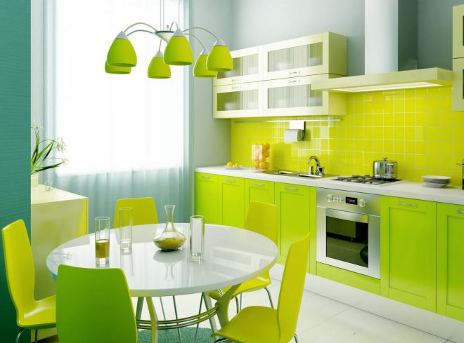сочетание зеленого в кухонном интерьере