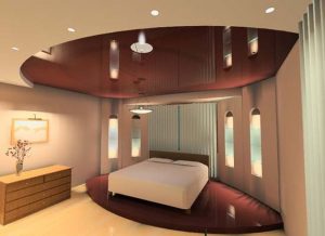 Дву-уровневый натяжной потолок окрашен в коричневый цвет в спальню