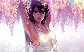 Девушка в белом платье окруженная цветами. (Код изображения: 23022)