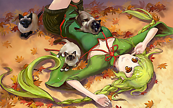 Девочка в зеленом платье с кошками. (Код изображения: 23050)