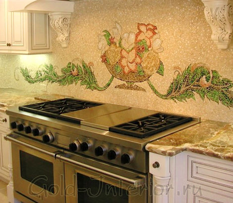 Объёмный рисунок из мозаики в интерьере кухни
