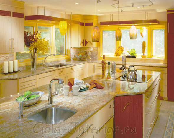 Терракотовый и канареечный цвет в интерьере кухни