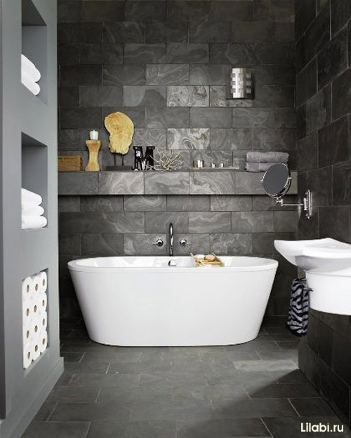Дизайн интерьера серой ванной комнаты: серые стены в ванной, серая плитка и пол, фото