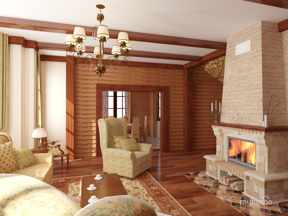 интерьер зала в деревянном доме