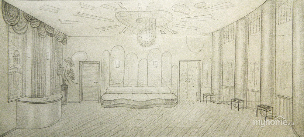 Интерьер комнаты рисунок карандашом поэтапно