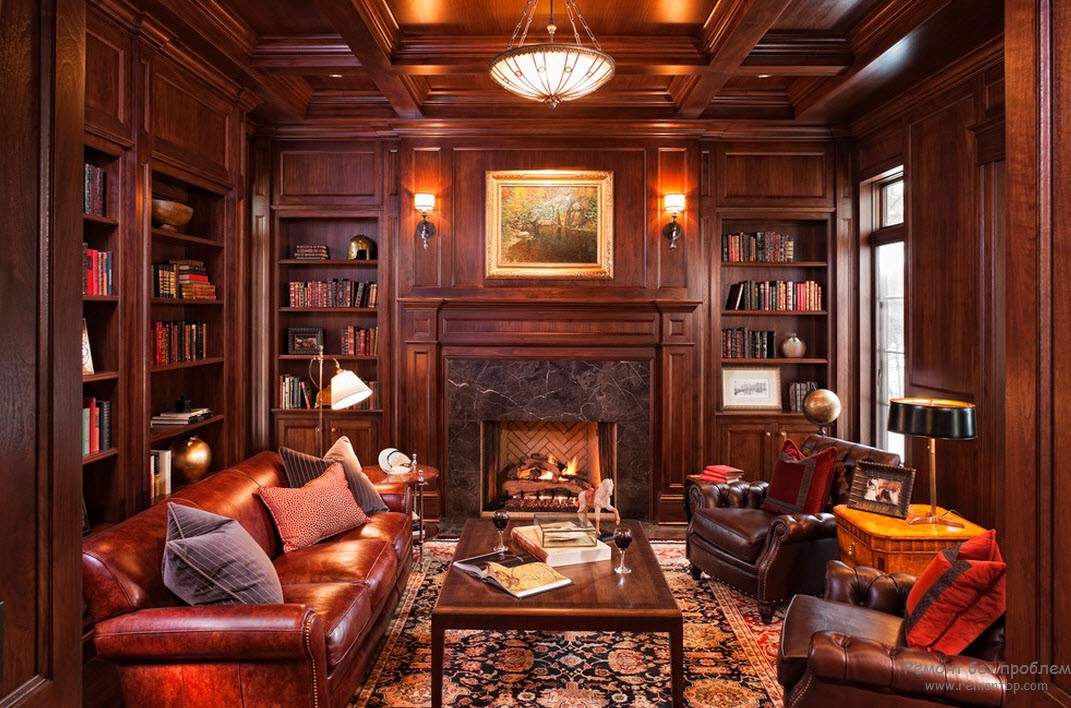 Красивая гостиная с библиотекой, а также с кожаными диванами и крелсами