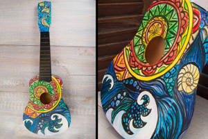 Роспись гавайской гитары укулеле акриловыми красками