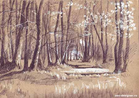 Весенний лес в технике черно-белой графики