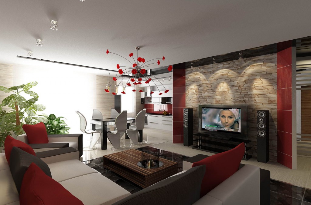 Дизайн интерьера квартиры, дизайн гостиной-кухни-столовой. Вариант 2