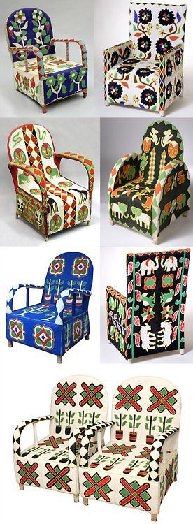 Africa | Beaded chairs from the Yoruba people of Nigeria | Chair frame, fabric embroidered with glass beads | ca. mid to late 20th century