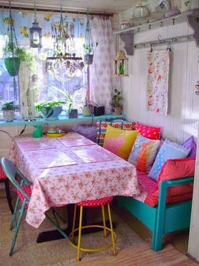 Shabby chic Kitchen. Benches are a great idea in a small space and can create the look of a faux banquette.