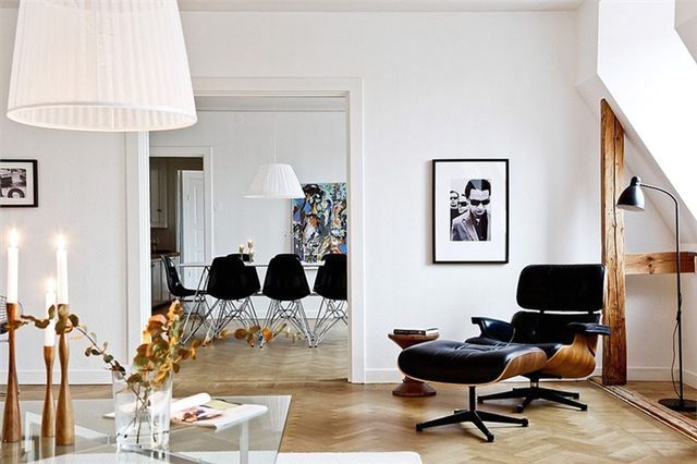 интерьер гостиной в скандинавском стиле с черными деталями