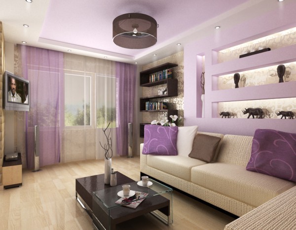 Сиреневый цвет в гостиной помогает создать романтическую и уютную атмосферу