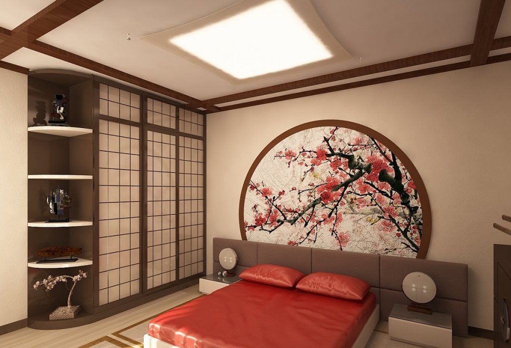 Спальня в японском стиле содержит минимум декора и выглядит лаконично 